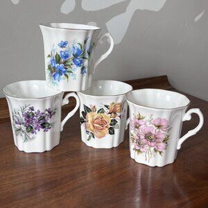 Set of 4 Vintage Royal Grafton Floral Bone China Mugs Cups England Gold Trim